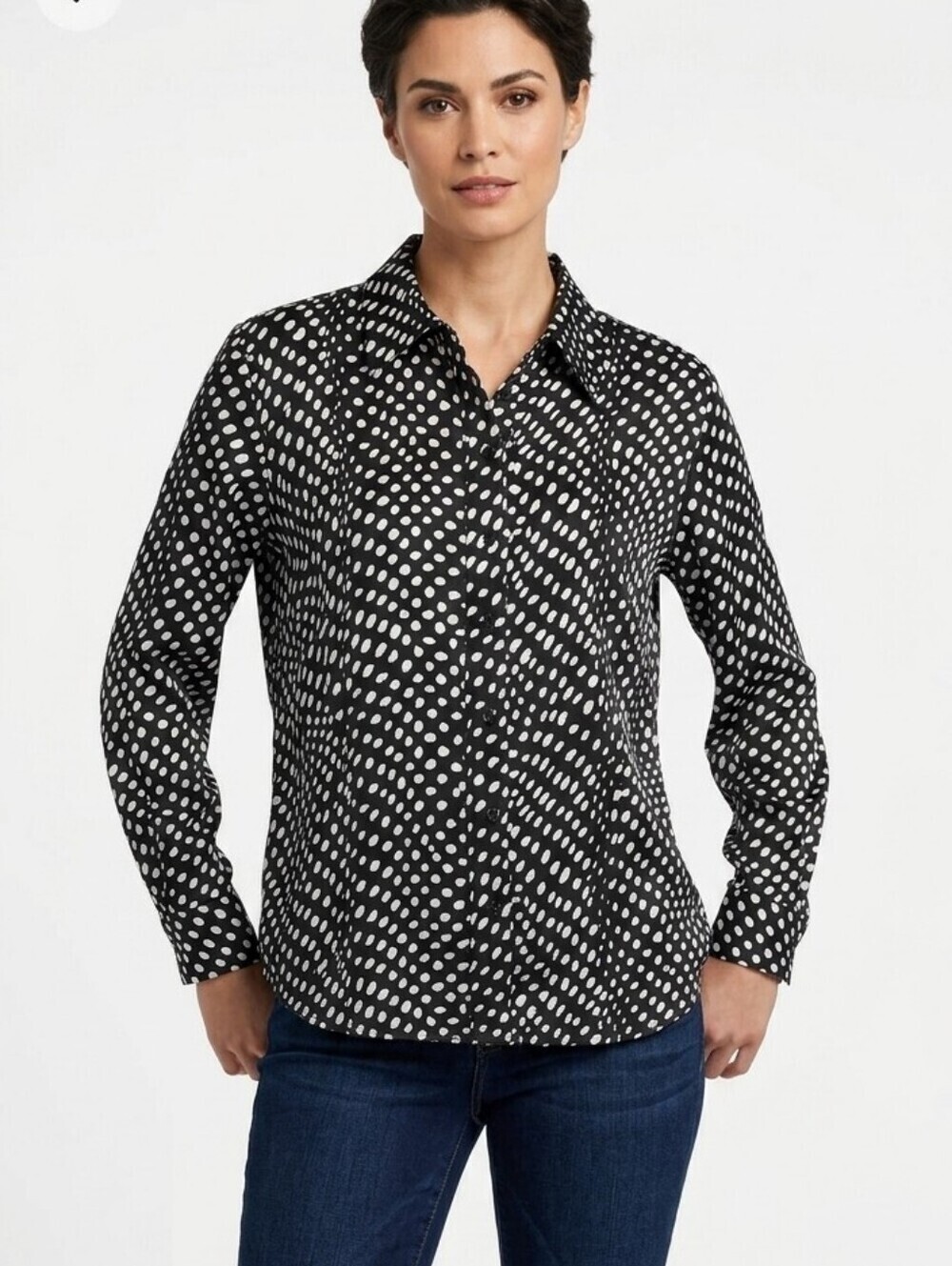 Kathie Lee Woman Size 18/20 Black and White Polka Dot Long Sleeve Button Down